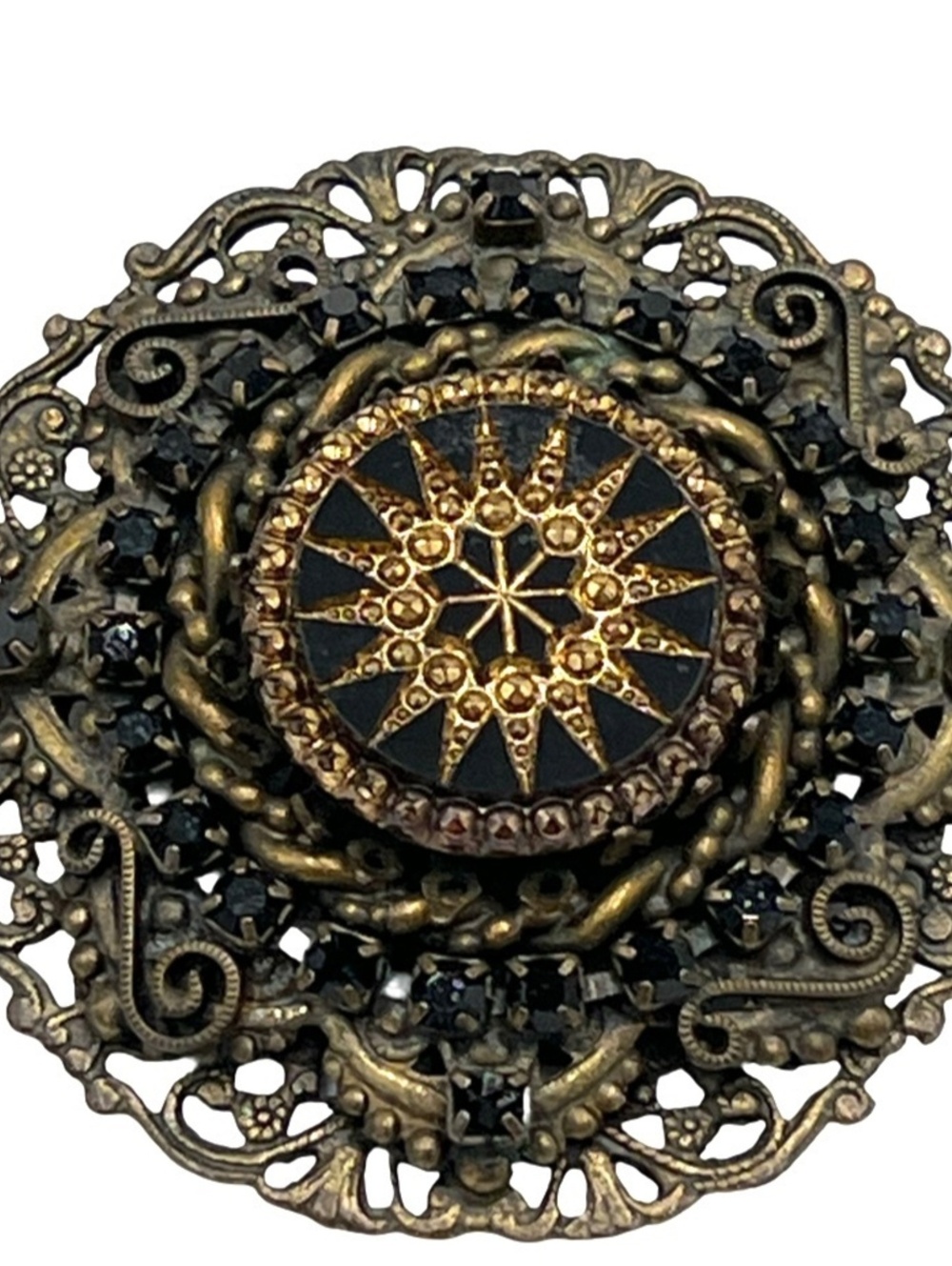 Victorian Revival Black Starburst Glass Brass Brooch Pendant
